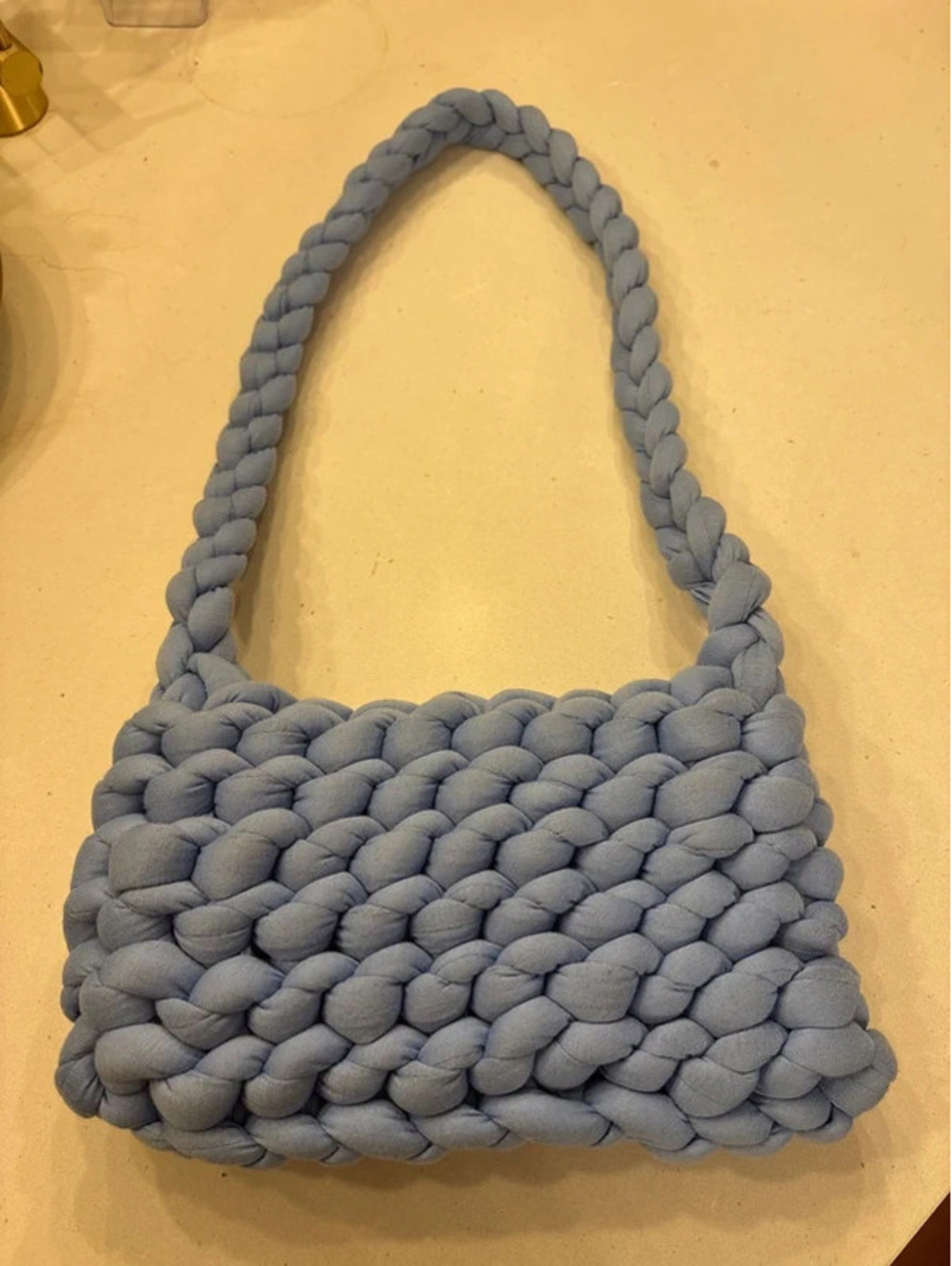 Handmade Chunky Knit Shoulder Bag Light Blue Braided Handle Puffer Marshmallow